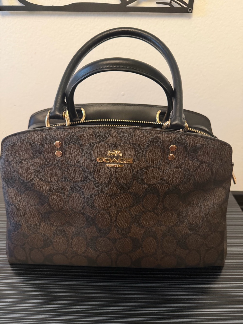 Coach Lillie Carryall Signature Canvas Brown Black Satchel Handbag 91495